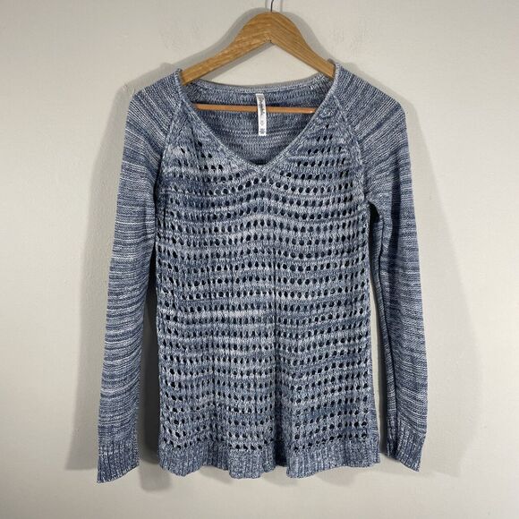 Aeropostale Womens Front Open Knit Pullover Sweater Sleeve V-Neck Top Sz M Blue - Picture 1 of 12